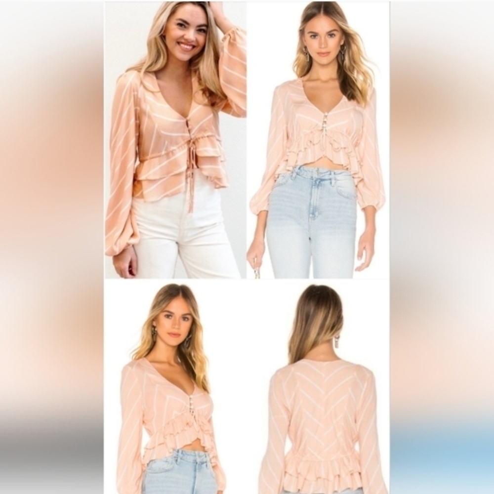 Free People Samifran Tie Front Blouse Peach Stripe Cropped Top